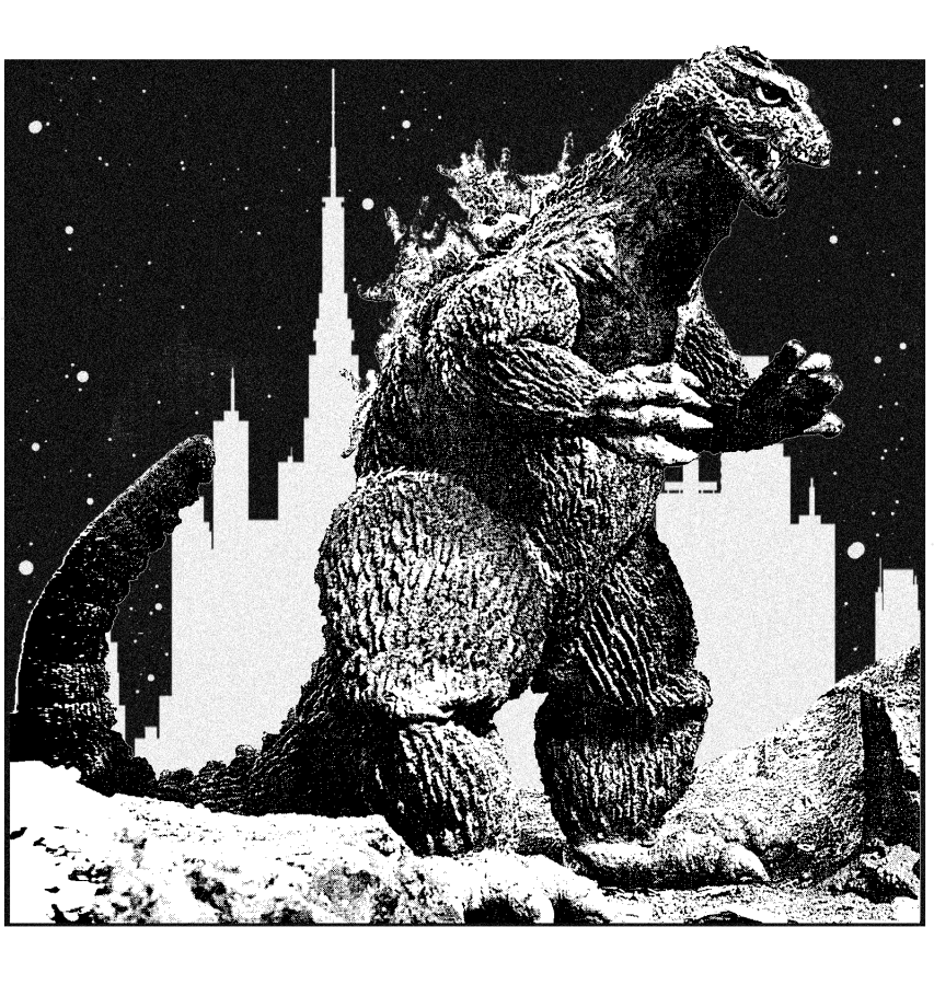 Godzilla terrorizing a city